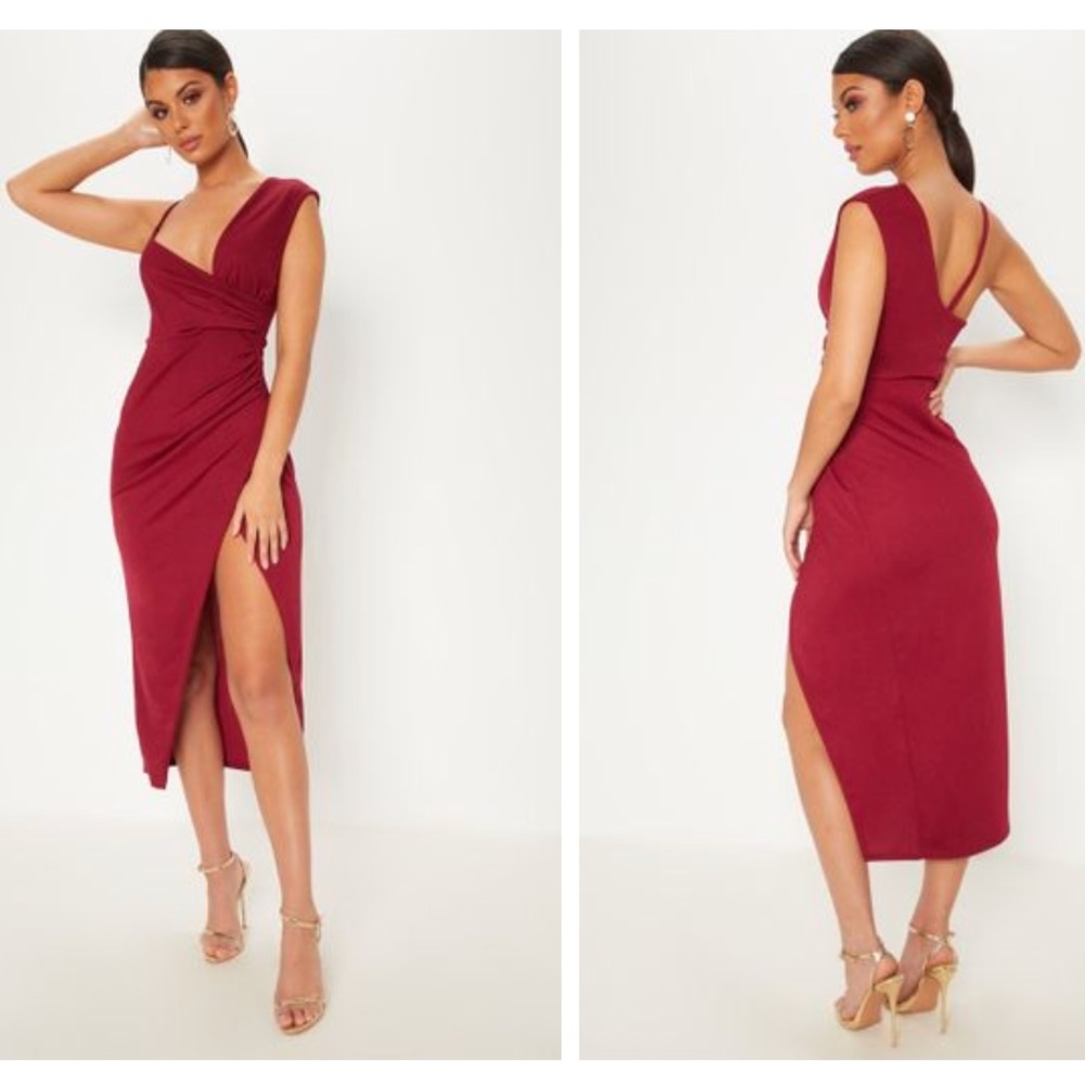 PLT Asymmetric Midi Formal Burgundy Dress